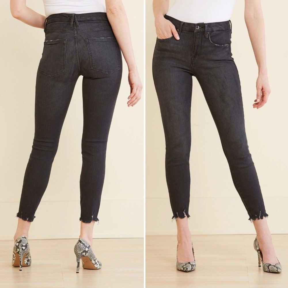 Good American Jeans Good Legs Crop Raw Hem Distressed Black Wash Size 30 | 10